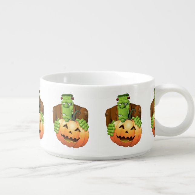 Frankenstein Monster Cartoon with Pumpkin Bowl (Left)