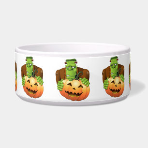 Frankenstein Monster Cartoon with Pumpkin Bowl