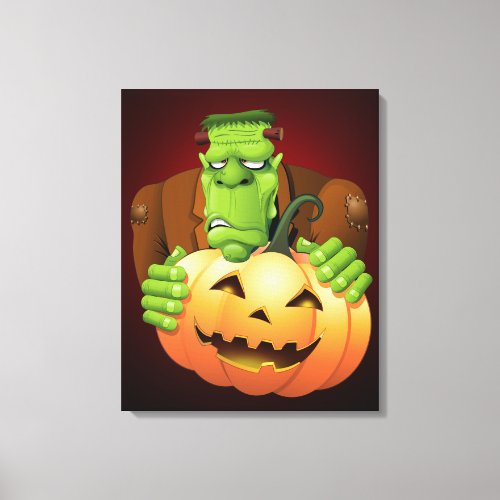 Frankenstein Monster Cartoon with Pumpkin Canvas Print