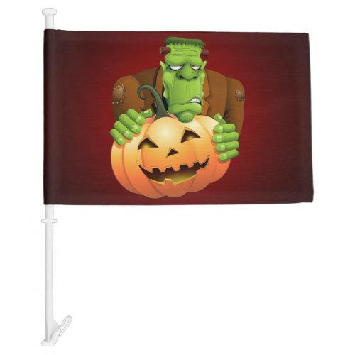 Frankenstein Monster Cartoon with Pumpkin Car Flag
