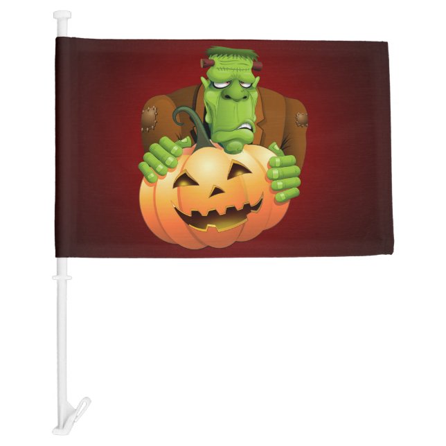 Frankenstein Monster Cartoon with Pumpkin Car Flag (Front)