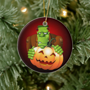 Frankenstein Monster Cartoon with Pumpkin Ceramic Ornament