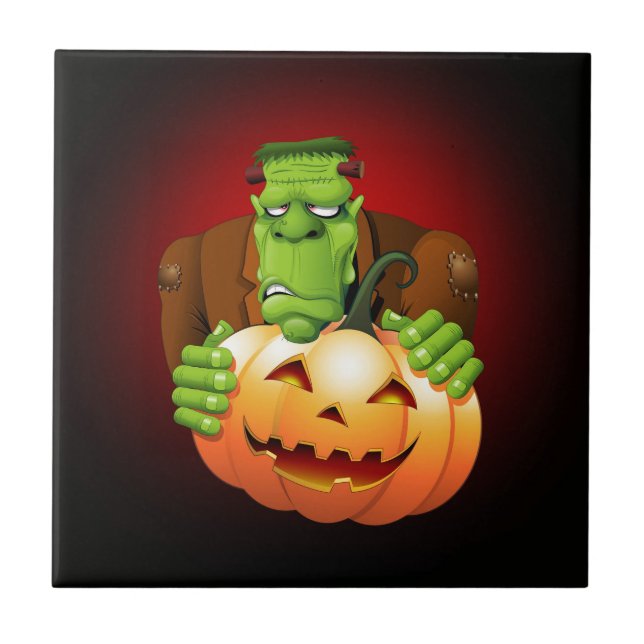 Frankenstein Monster Cartoon with Pumpkin Ceramic Tile (Front)