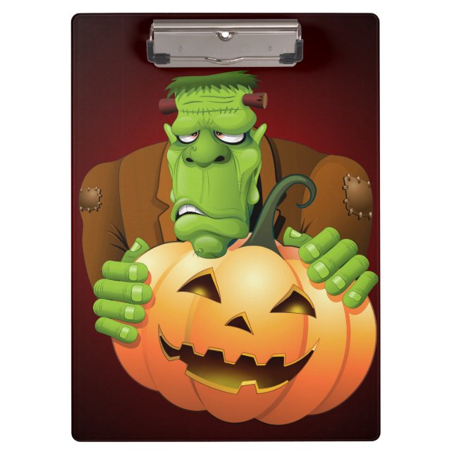 Frankenstein Monster Cartoon with Pumpkin Clipboard (Front)