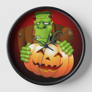 Frankenstein Monster Cartoon with Pumpkin Clock