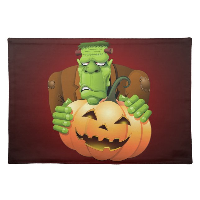 Frankenstein Monster Cartoon with Pumpkin Cloth Placemat (Front)