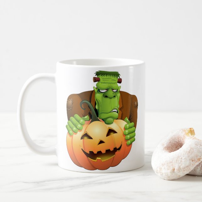 Frankenstein Monster Cartoon with Pumpkin Coffee Mug (With Donut)