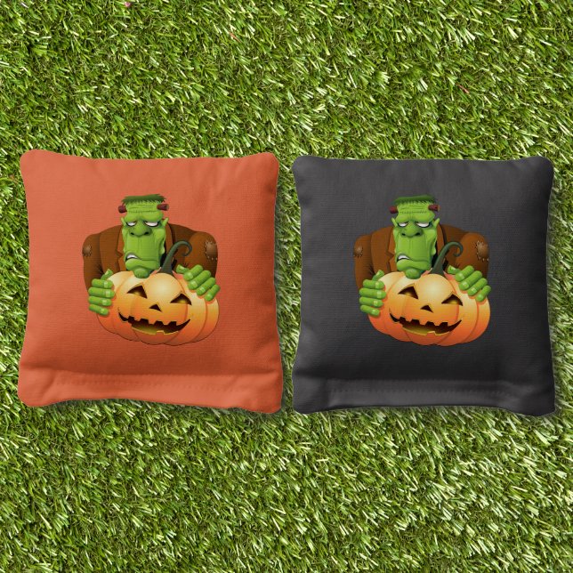 Frankenstein Monster Cartoon with Pumpkin Cornhole Bags (Grass)
