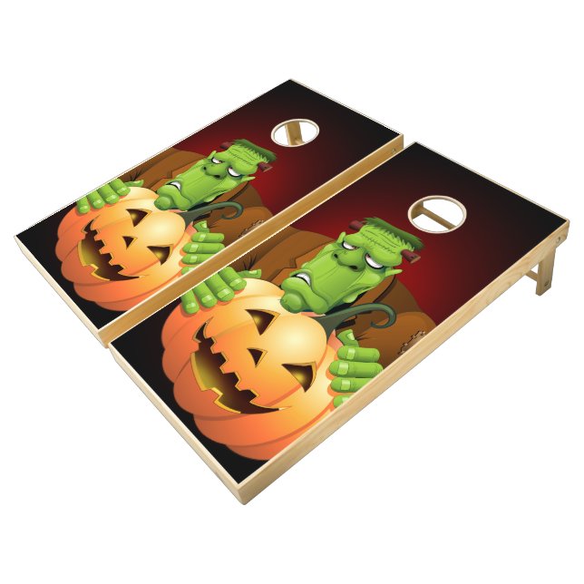 Frankenstein Monster Cartoon with Pumpkin Cornhole Set (Angled)