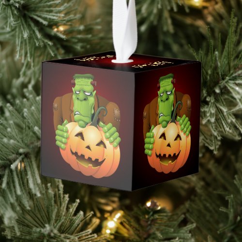 Frankenstein Monster Cartoon with Pumpkin Cube Ornament