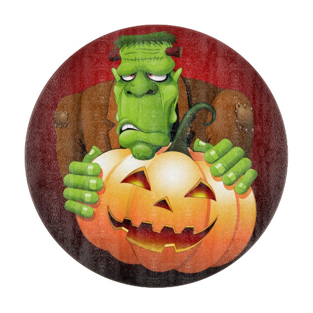 Frankenstein Monster Cartoon with Pumpkin Cutting Board (Front)