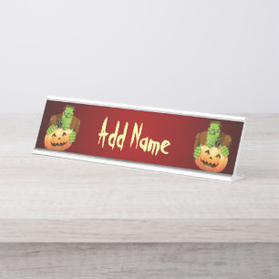 Frankenstein Monster Cartoon with Pumpkin Desk Name Plate