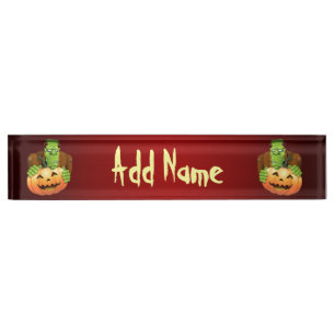 Frankenstein Monster Cartoon with Pumpkin Desk Name Plate