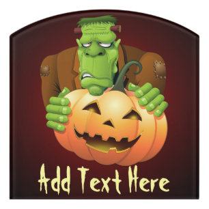 Frankenstein Monster Cartoon with Pumpkin Door Sign