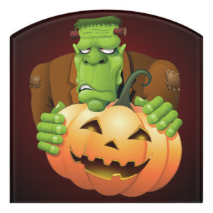 Frankenstein Monster Cartoon with Pumpkin Door Sign