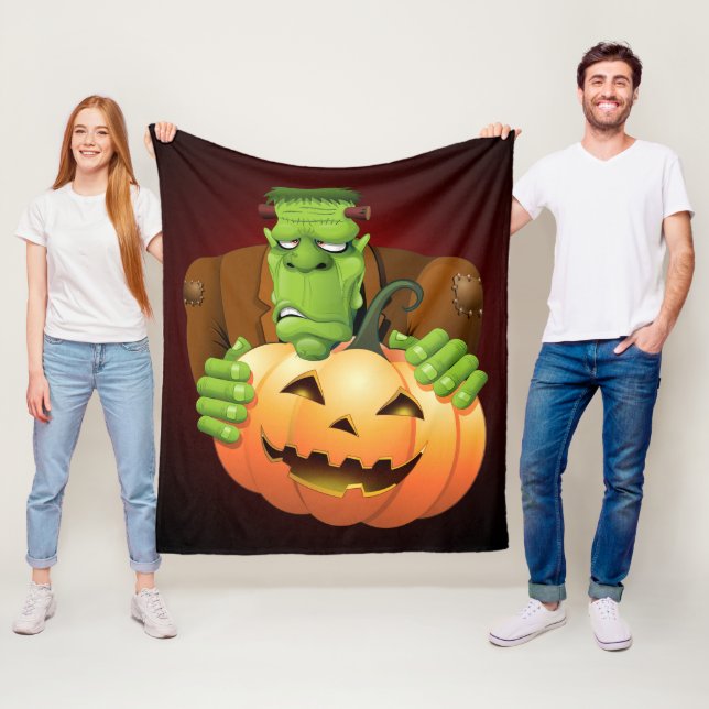 Frankenstein Monster Cartoon with Pumpkin Fleece Blanket (In Situ)