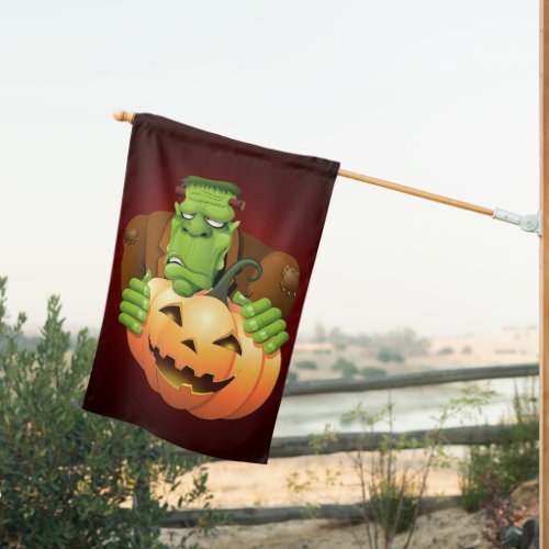 Frankenstein Monster Cartoon with Pumpkin House Flag