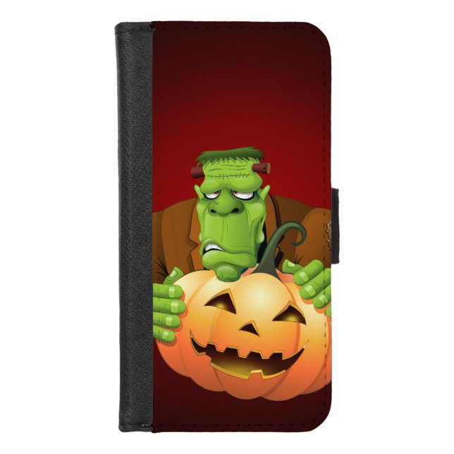 Frankenstein Monster Cartoon with Pumpkin iPhone Wallet Case (Front)