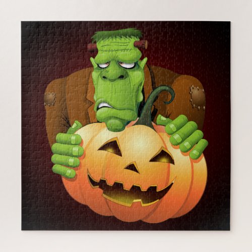 Frankenstein Monster Cartoon with Pumpkin Jigsaw Puzzle