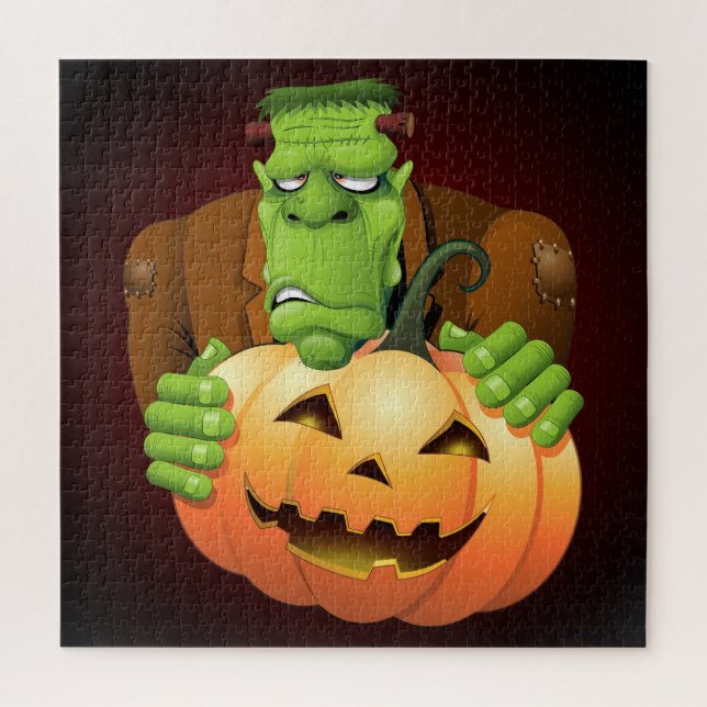 Frankenstein Monster Cartoon with Pumpkin Jigsaw Puzzle (Vertical)