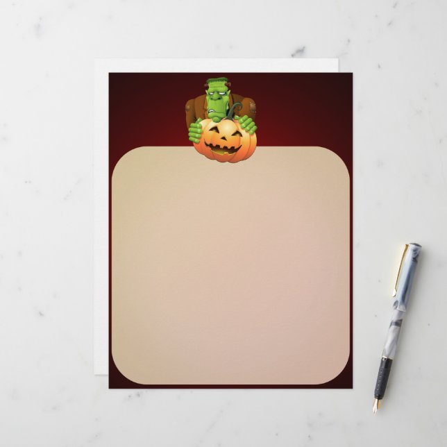 Frankenstein Monster Cartoon with Pumpkin Letterhead (Front/Back In Situ)