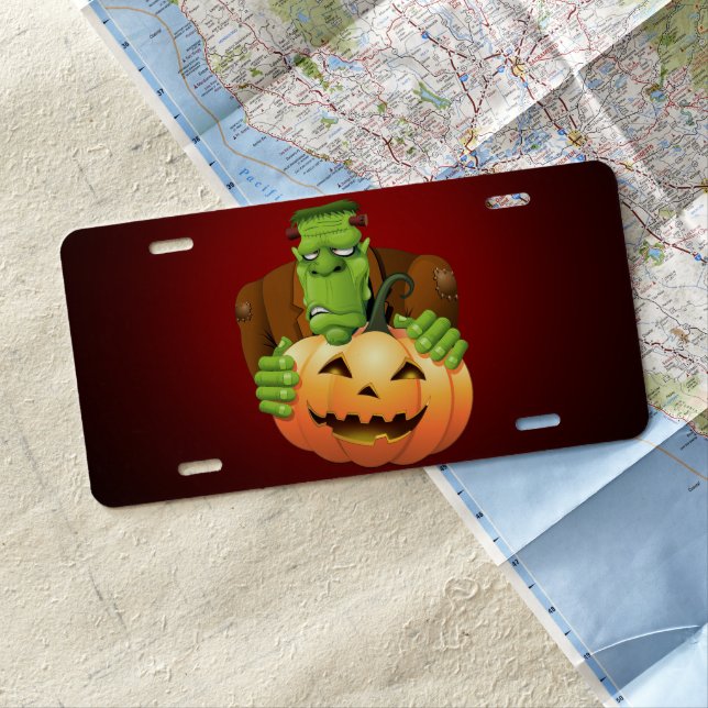Frankenstein Monster Cartoon with Pumpkin License Plate (In Situ)