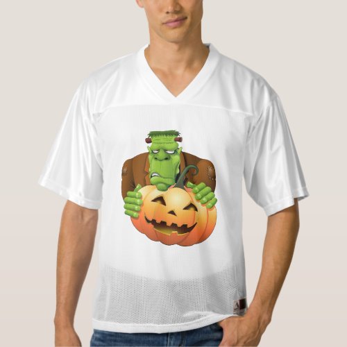 Frankenstein Monster Cartoon with Pumpkin Mens Football Jersey