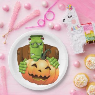 Frankenstein Monster Cartoon with Pumpkin Paper Plates