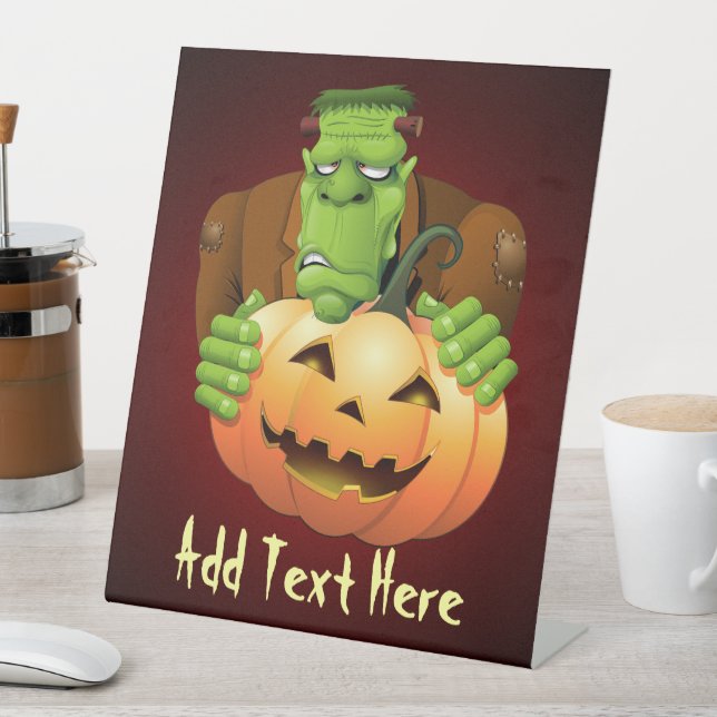 Frankenstein Monster Cartoon with Pumpkin Pedestal Sign (In SItu)