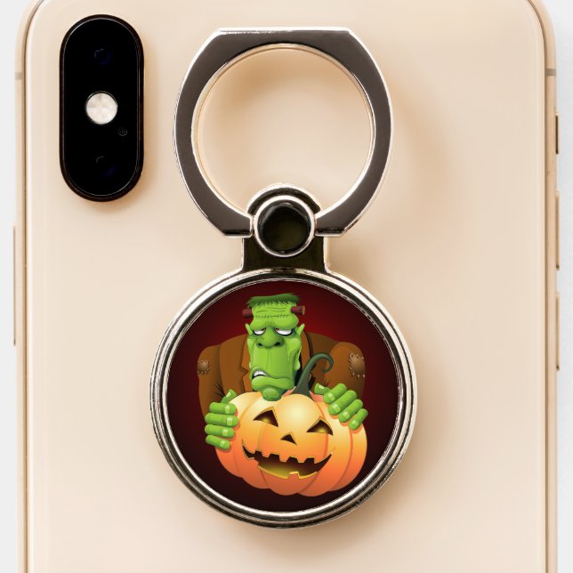 Frankenstein Monster Cartoon with Pumpkin Phone Ring Stand (Close Up)