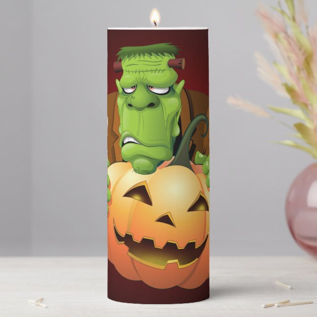 Frankenstein Monster Cartoon with Pumpkin Pillar Candle (In Situ)
