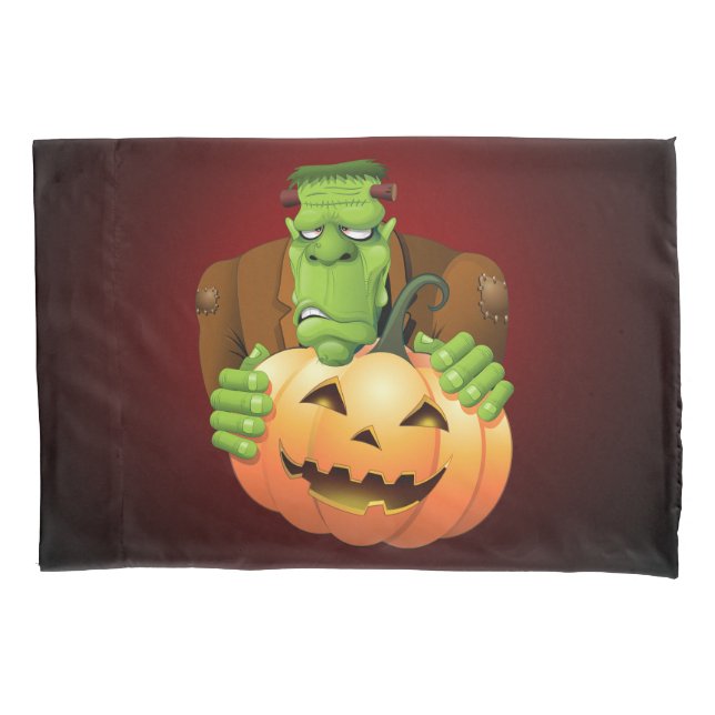 Frankenstein Monster Cartoon with Pumpkin Pillow Case (Front)