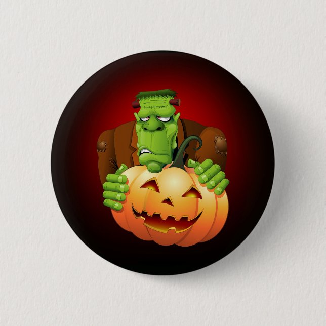 Frankenstein Monster Cartoon with Pumpkin Pinback Button (Front)
