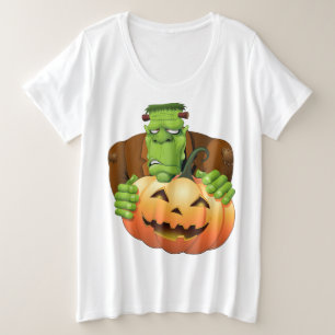 Frankenstein Monster Cartoon with Pumpkin Plus Size T-Shirt