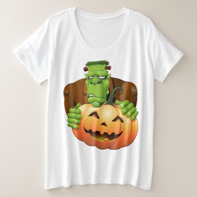 Frankenstein Monster Cartoon with Pumpkin Plus Size T-Shirt (Design Front)