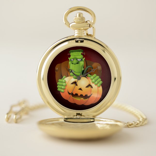Frankenstein Monster Cartoon with Pumpkin Pocket Watch (Inside)