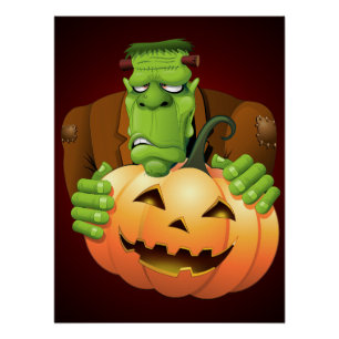 Frankenstein Monster Cartoon with Pumpkin Poster