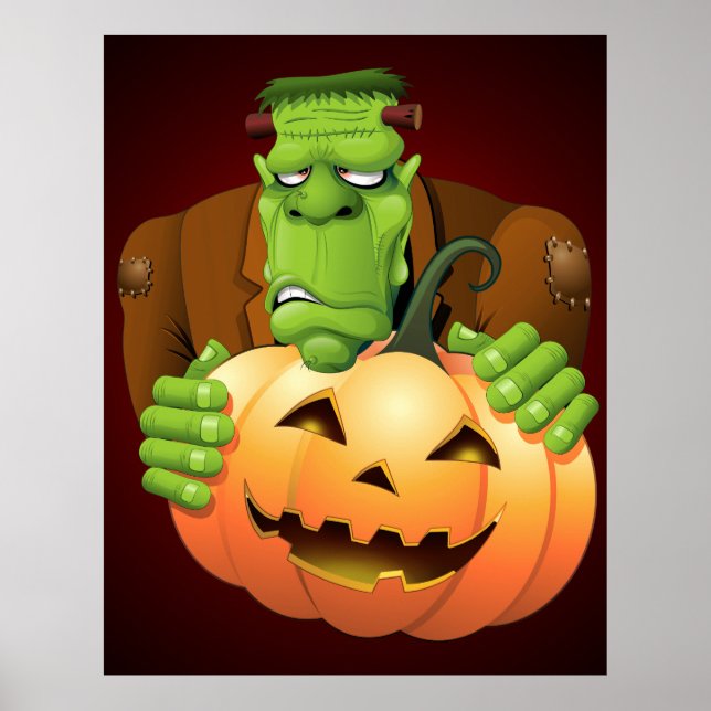 Frankenstein Monster Cartoon with Pumpkin Poster (Front)