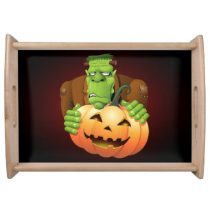 Frankenstein Monster Cartoon with Pumpkin Serving Tray