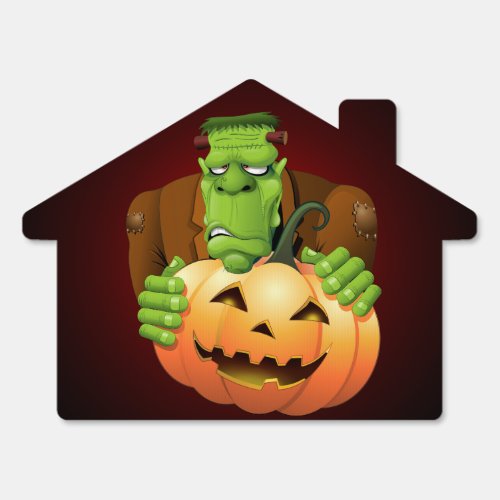 Frankenstein Monster Cartoon with Pumpkin Sign