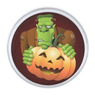 Frankenstein Monster Cartoon with Pumpkin Silver Finish Lapel Pin