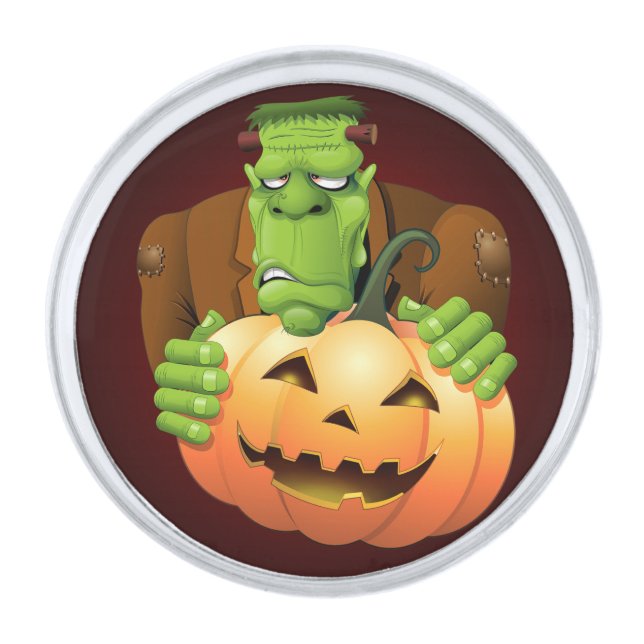 Frankenstein Monster Cartoon with Pumpkin Silver Finish Lapel Pin (Front)