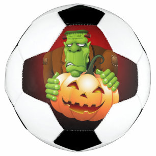 Frankenstein Monster Cartoon with Pumpkin Soccer Ball