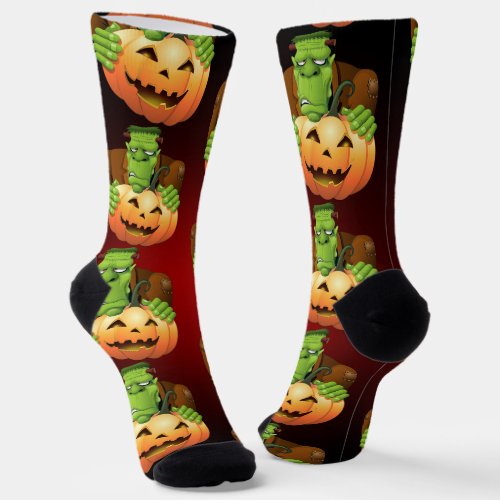 Frankenstein Monster Cartoon with Pumpkin Socks