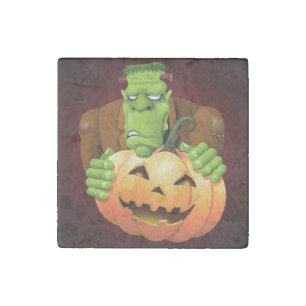 Frankenstein Monster Cartoon with Pumpkin Stone Magnet