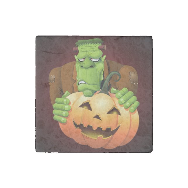 Frankenstein Monster Cartoon with Pumpkin Stone Magnet (Front)