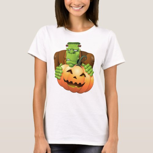 Frankenstein Monster Cartoon with Pumpkin T_Shirt