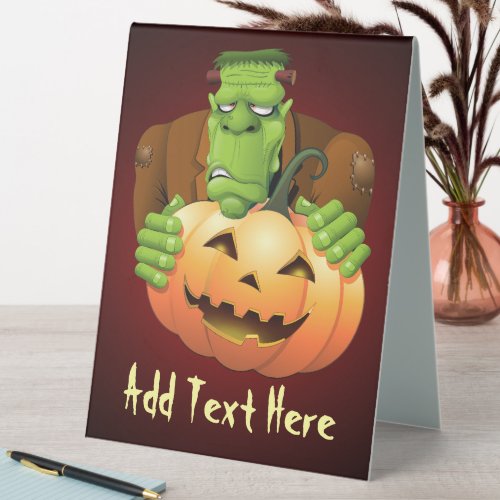 Frankenstein Monster Cartoon with Pumpkin Table Tent Sign