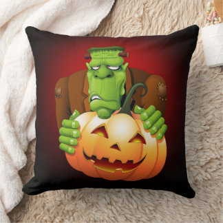 Frankenstein Monster Cartoon with Pumpkin Throw Pillow