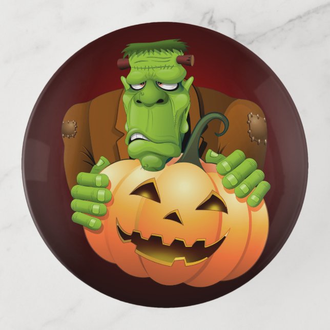 Frankenstein Monster Cartoon with Pumpkin Trinket Tray (Front)